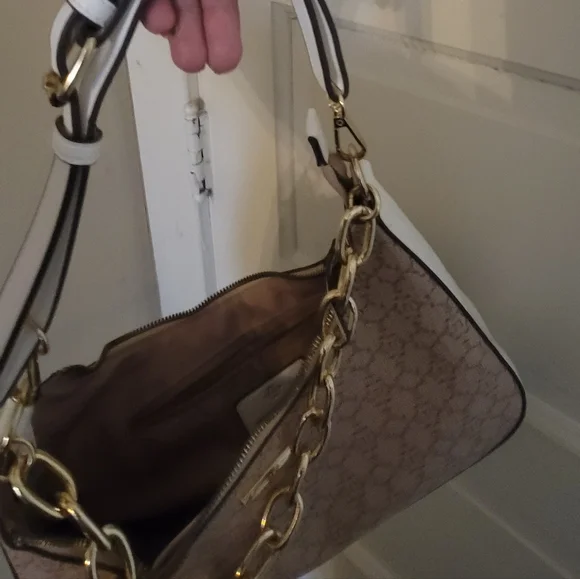 Nanette Lepore Monogram Shoulder Bag – Tan/Beige with Gold Chain Detail - Picture 16 of 16